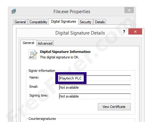 Screenshot of the Playtech PLC certificate